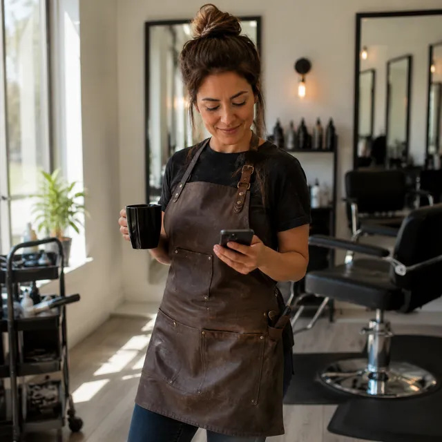 Una peluquera arranca el día con café en su salón, revisando a quién responder primero