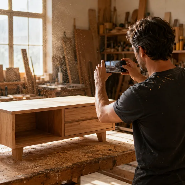Un carpintero fotografía el mueble que terminó en la mañana para volverlo contenido