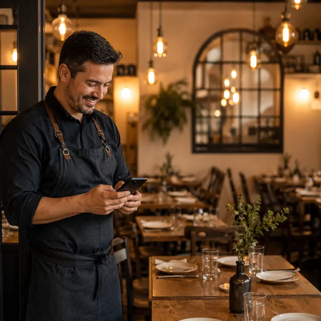 El dueño de un restaurante sonríe al ver una buena reseña en su teléfono